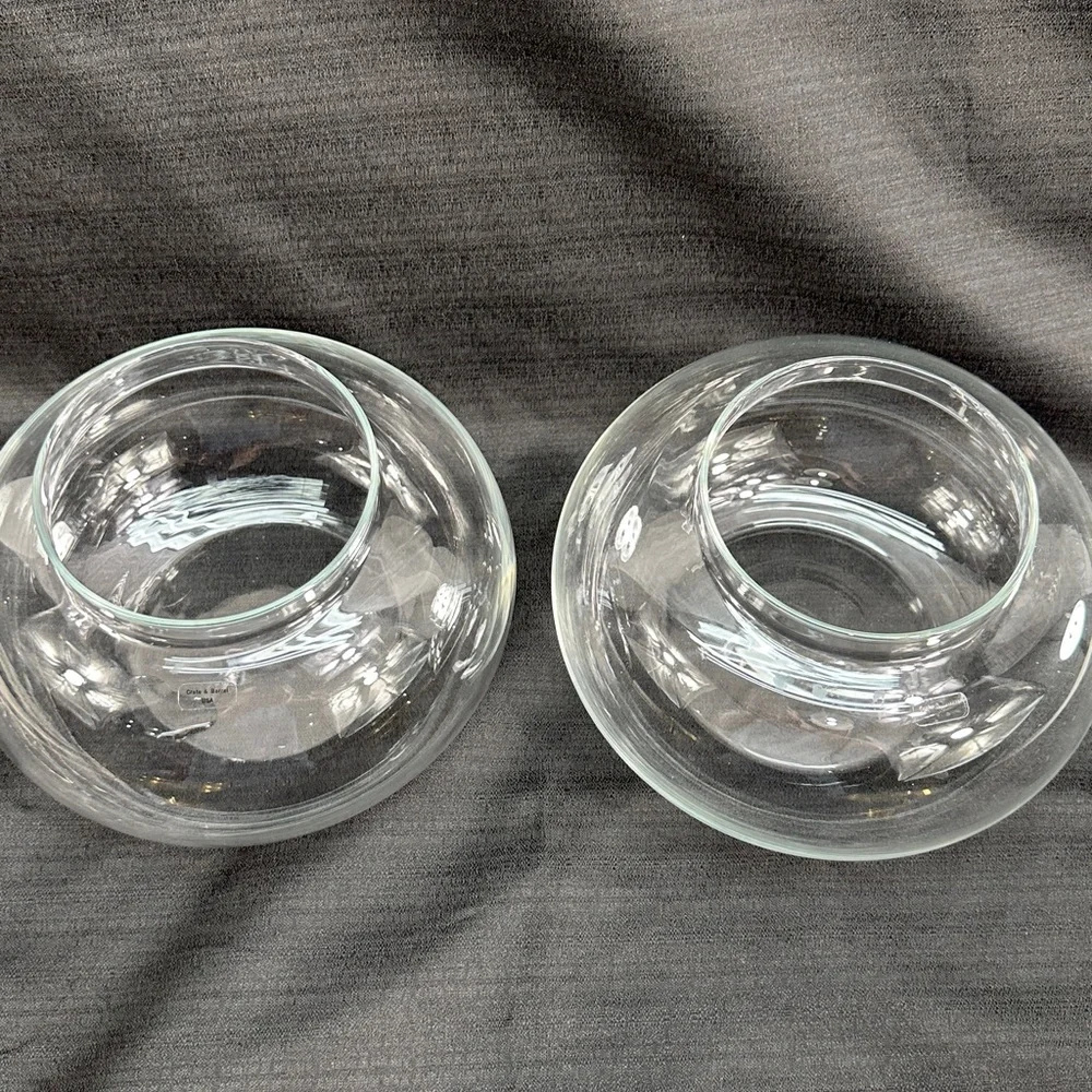 Vtg Crate & Barrel Set 2 Blown Glass Bowls W/Solid Brass Candle Inserts Stickers
